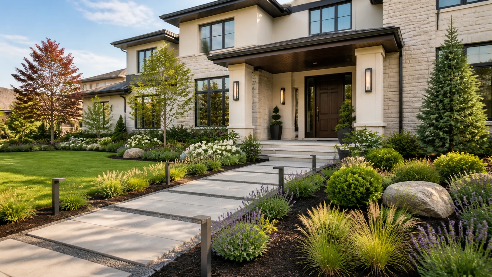 Modern front yard landscaping with stone walkway, green lawn and flower beds